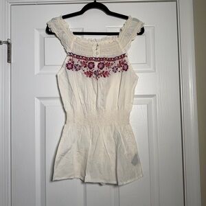 Cream White Smocked Off the Shoulder Floral Peplum Summer Top Button Up Detail